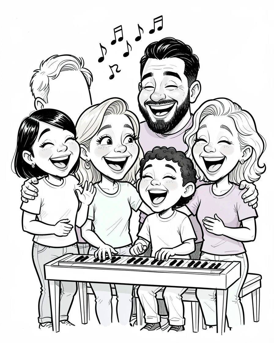 [Family & Relationship Moments] Heartwarming scene of a joyful blended family singing together around a piano, radiating love and warmth