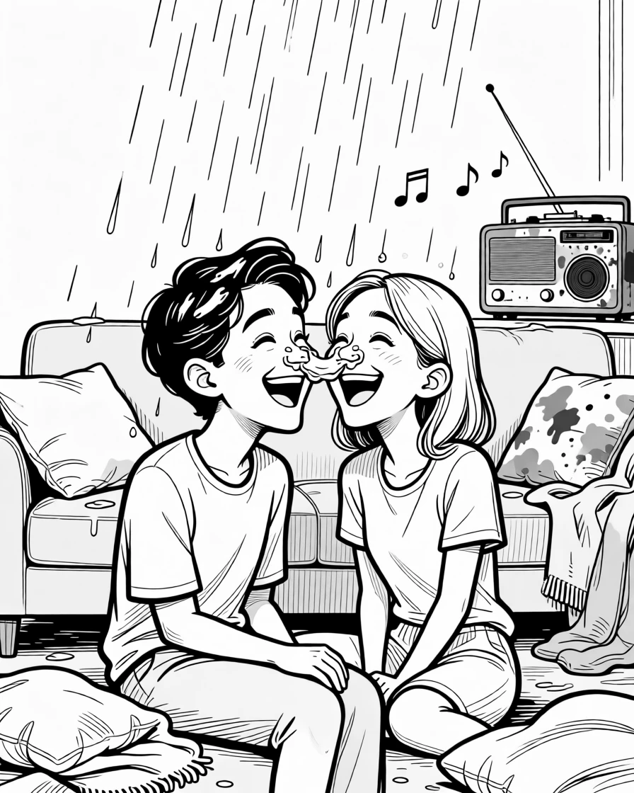 Two people laughing while getting soaked in a sudden downpour, getting frosting smeared playfully across each other's noses, set in a living room strewn with couch cushions and blankets. A paint-stained radio plays faintly in the background. The scene feels like a love story told through small moments.