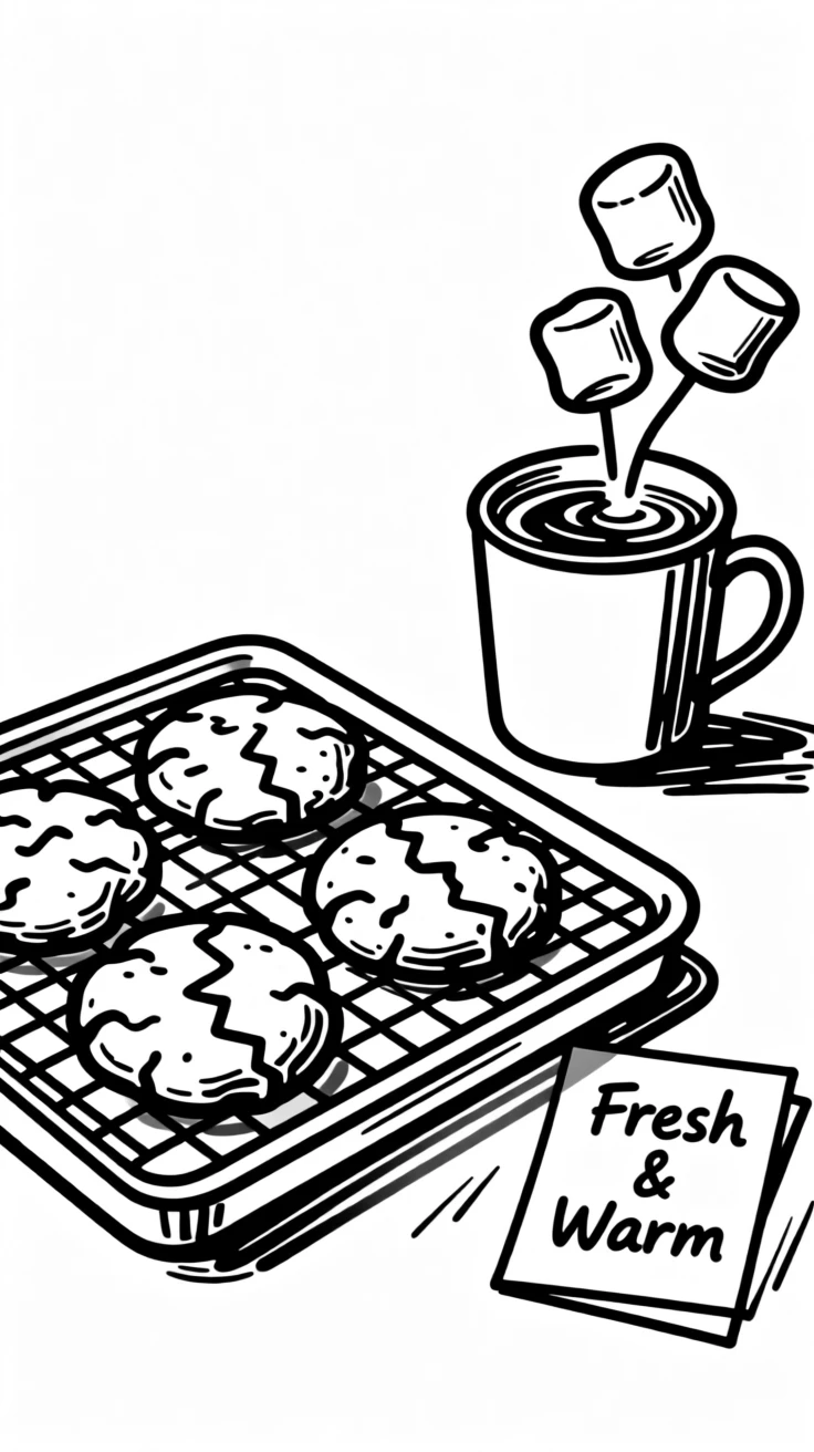 A tray of fresh baked cookies cooling next to a mug of hot cocoa with marshmallows.