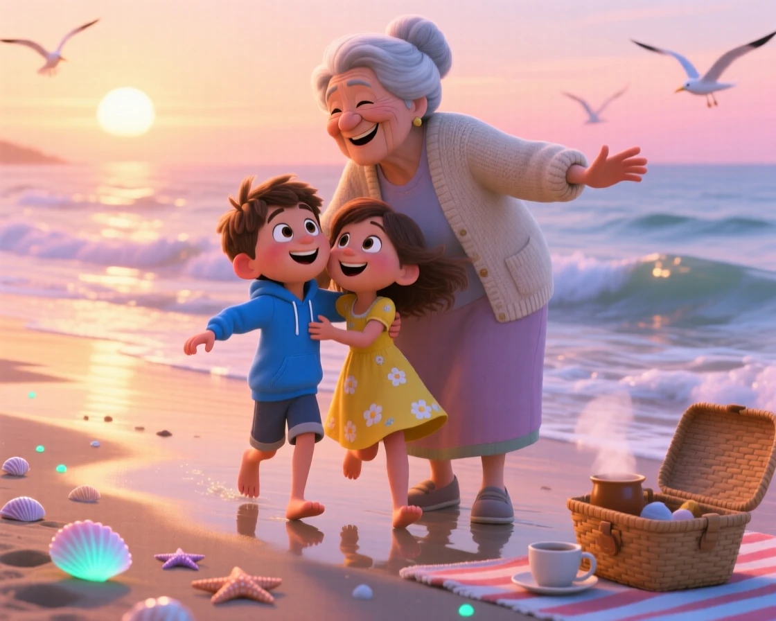 A grandmother reuniting with her grandchildren unfolds on a quiet beach at sunrise, with everyone's laughter filling the air. A heartfelt sense of happiness fills the moment.