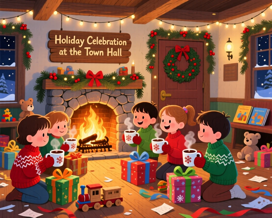 Children in matching mittens spend the evening opening presents beside a crackling fireplace in a decorated town hall, while warm cocoa steams in every hand.