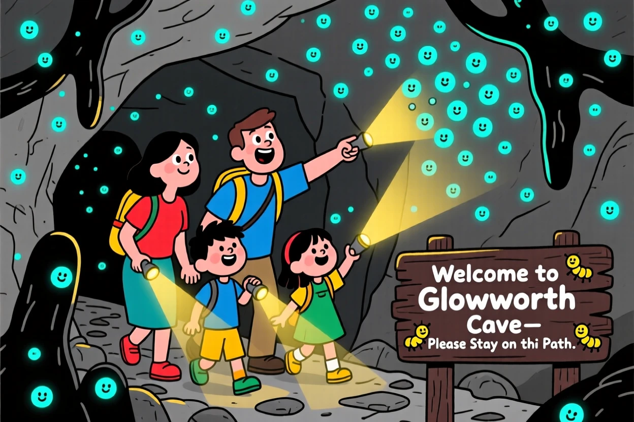 A family exploring a glowworm cave lit by thousands of tiny lights.