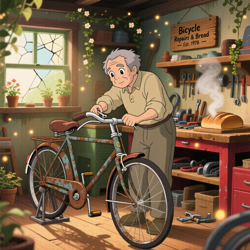 A man repairing an old bicycle in his garage, the smell of fresh bread drifting from the oven, the whole scene feeling quietly content.