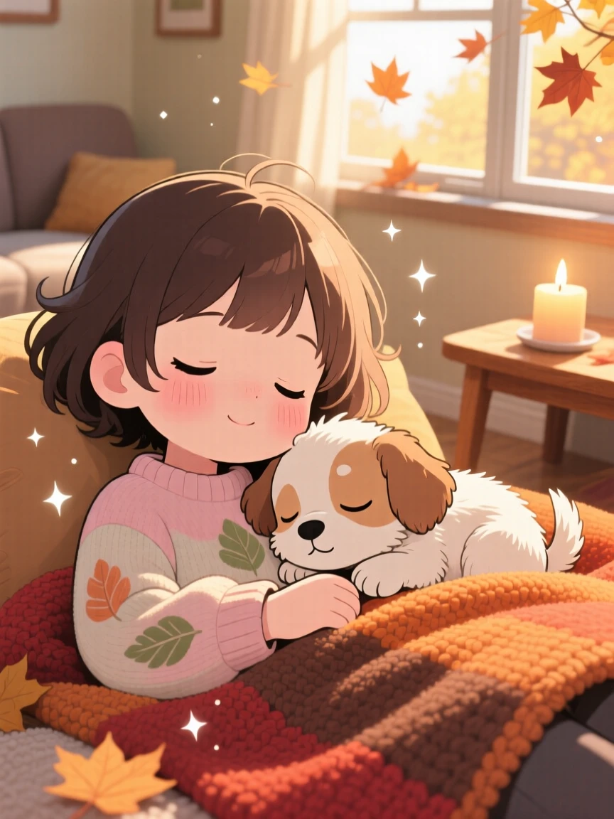 Close-up portrait: a small girl and her puppy, napping together in a sunbeam, set against a cozy living room on a crisp autumn afternoon, with gentle candlelight and a mood of giggling amusement.