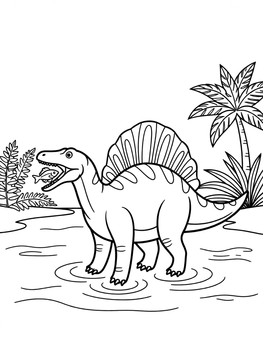 A Spinosaurus fishing in a prehistoric river
