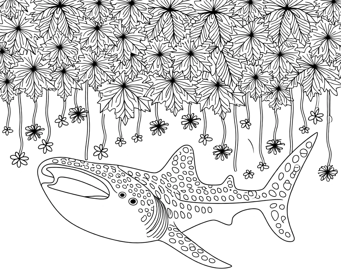 A whale shark resting beneath a canopy of autumn leaves, framed by hanging vines and wildflowers.