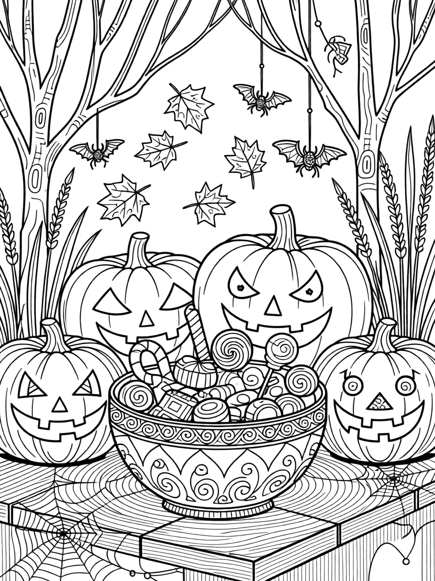 A Halloween candy bowl scene surrounded by carved pumpkins and cobwebs.
