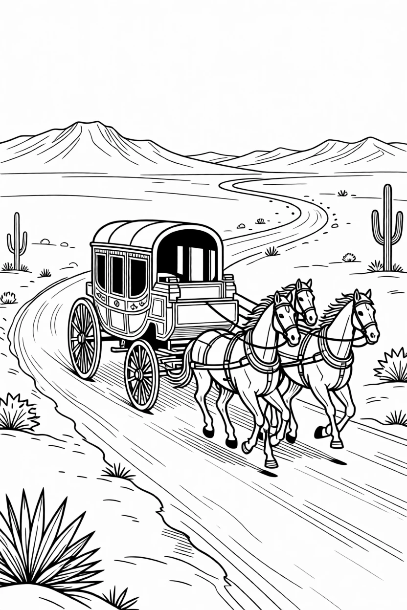 A stagecoach traveling along a dusty western trail