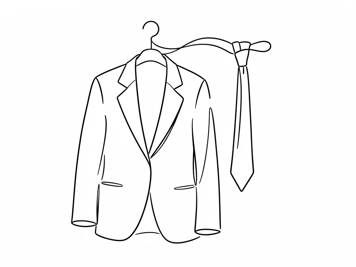 A tailored blazer hanging beside a silk tie on a coat rack