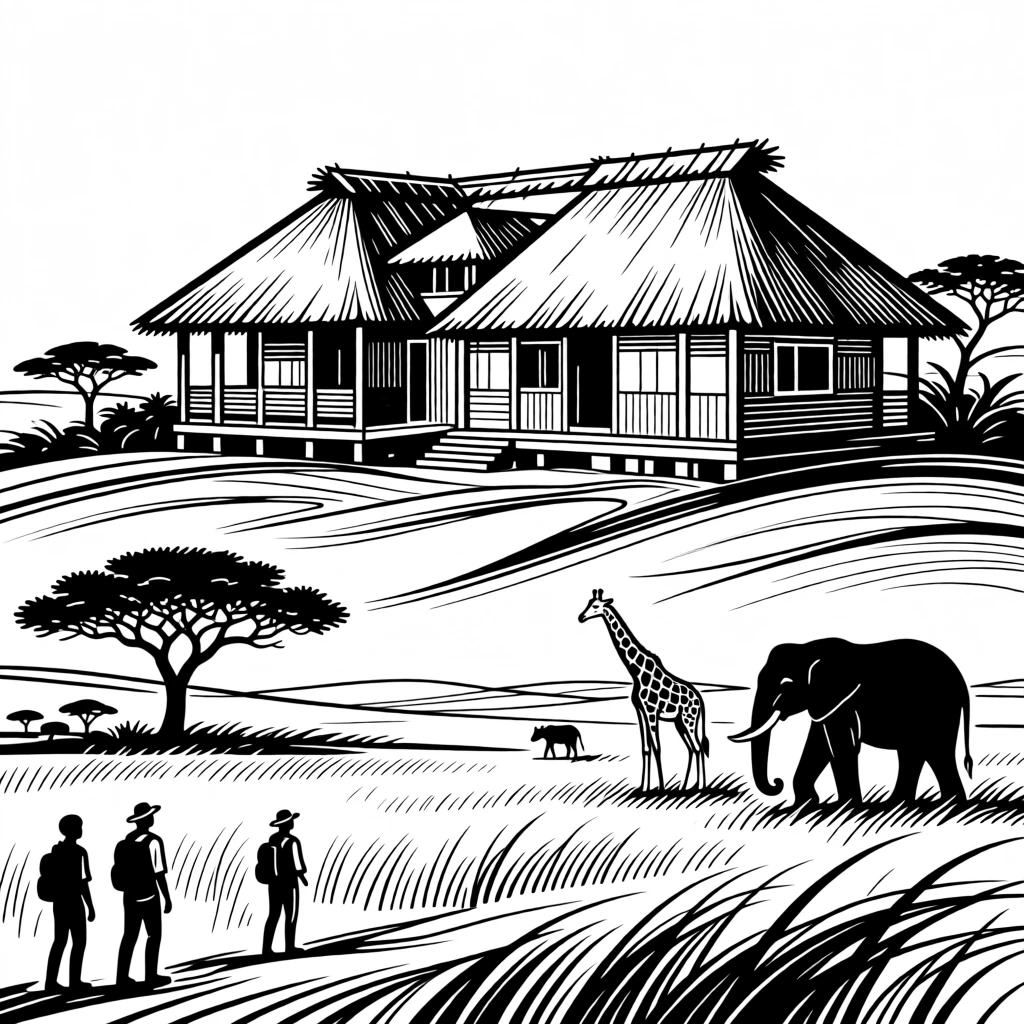 A Kenyan safari lodge overlooking the savanna at golden hour with travelers watching wildlife.