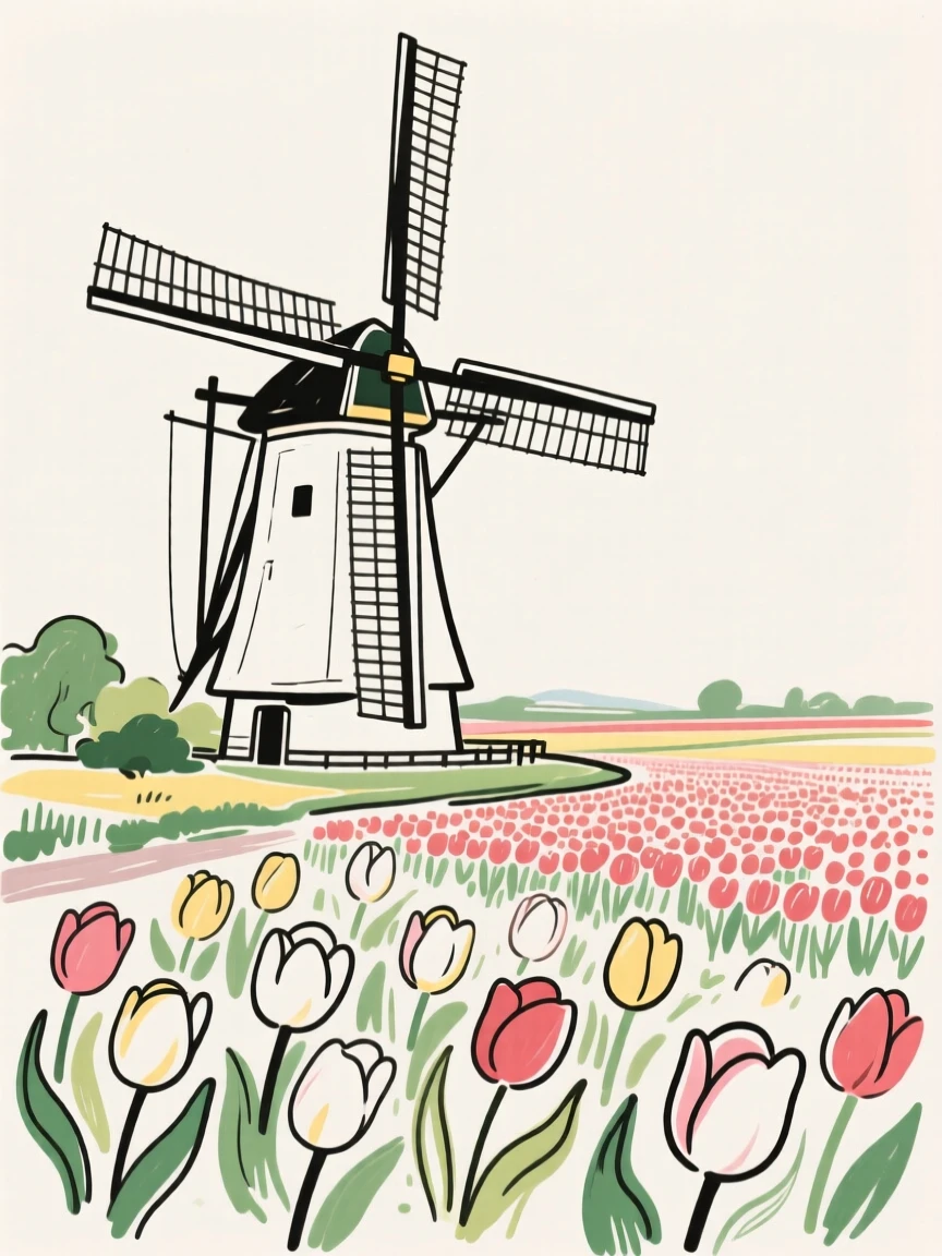 A traditional windmill turning slowly beside a tulip field in Holland.