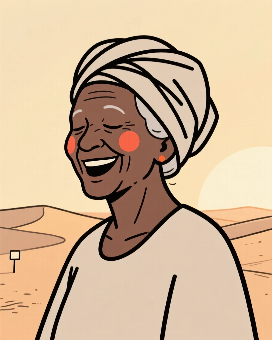 A retired teacher of Kenyan heritage wearing a Nigerian gele headwrap, laughing with eyes closed, in a desert at golden hour.