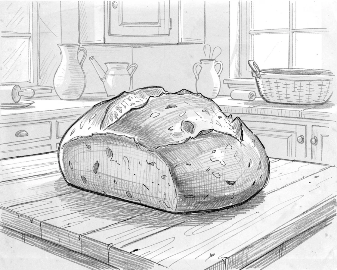 A rustic loaf of freshly baked bread in a cozy farmhouse kitchen, with soft natural light highlighting every texture.