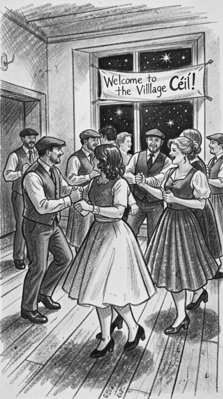 A traditional Irish céilí dance in a village hall, as the first stars appear overhead.