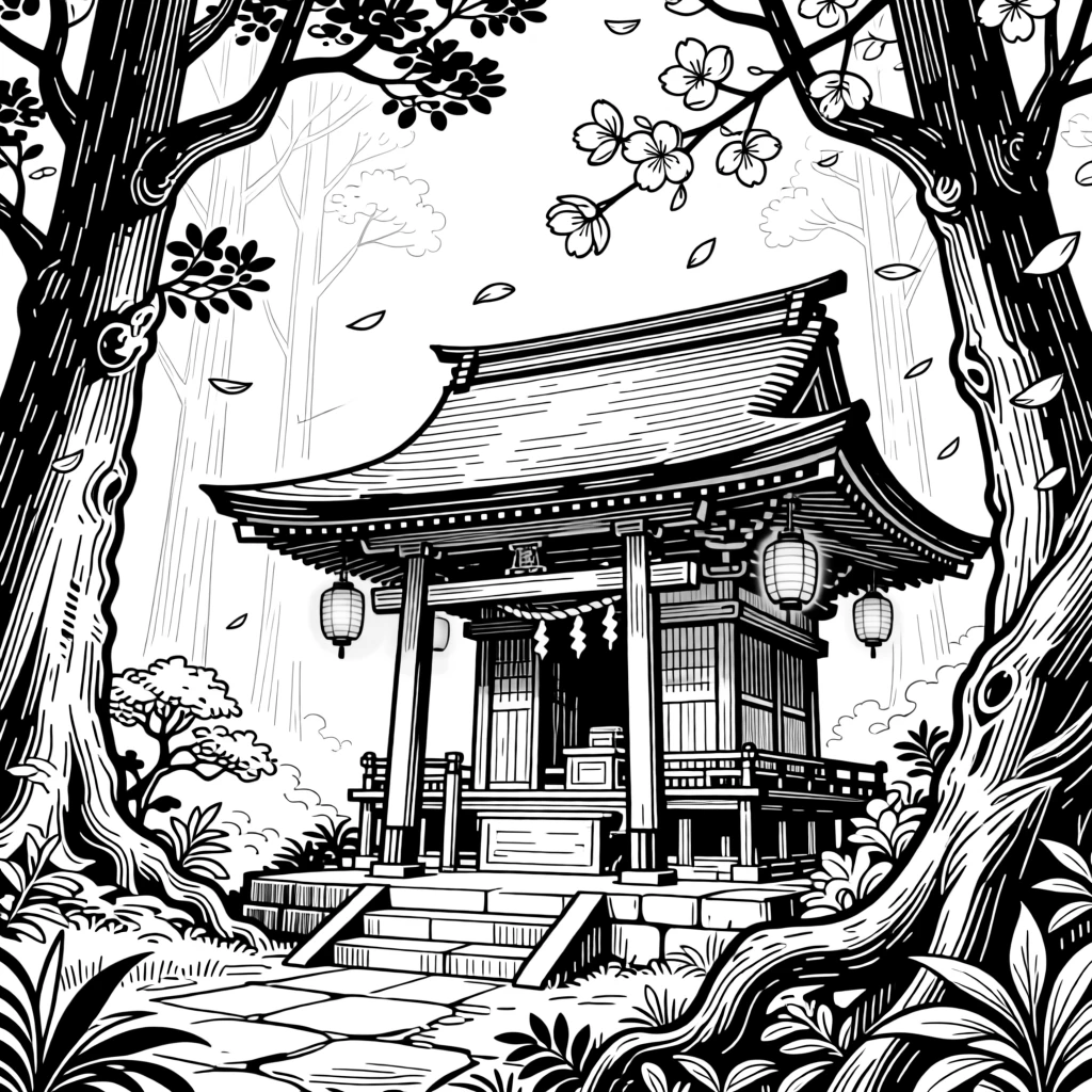 A hidden forest shrine glowing softly with lanterns and falling cherry blossoms.
