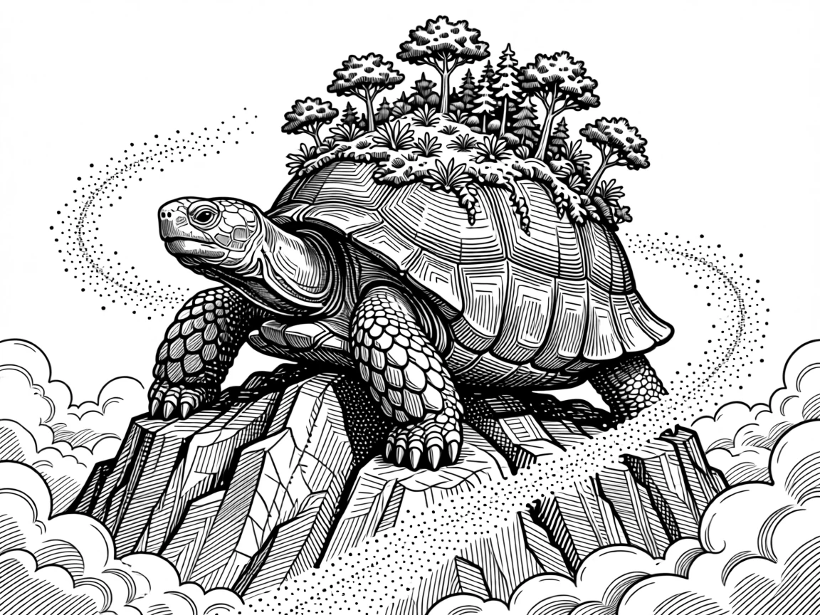 A giant tortoise carrying a tiny forest on its shell atop a mountain wrapped in clouds, with a trail of glimmering dust in the air, forming a richly imaginative fantasy scene.