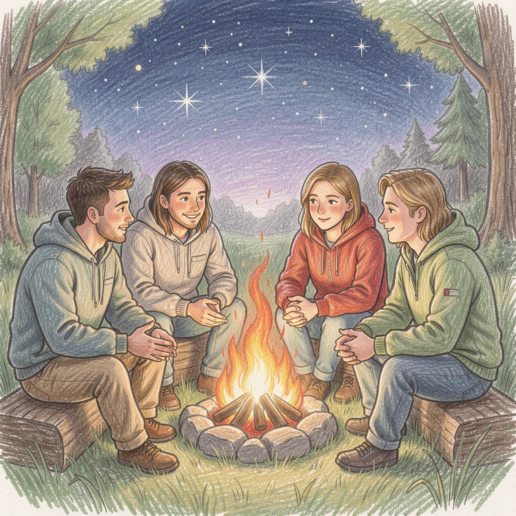 A campfire circle with friends sharing stories under the stars, framed thoughtfully to draw the eye toward the central subject, perfect for anyone drawn to gentle, heartfelt imagery.
