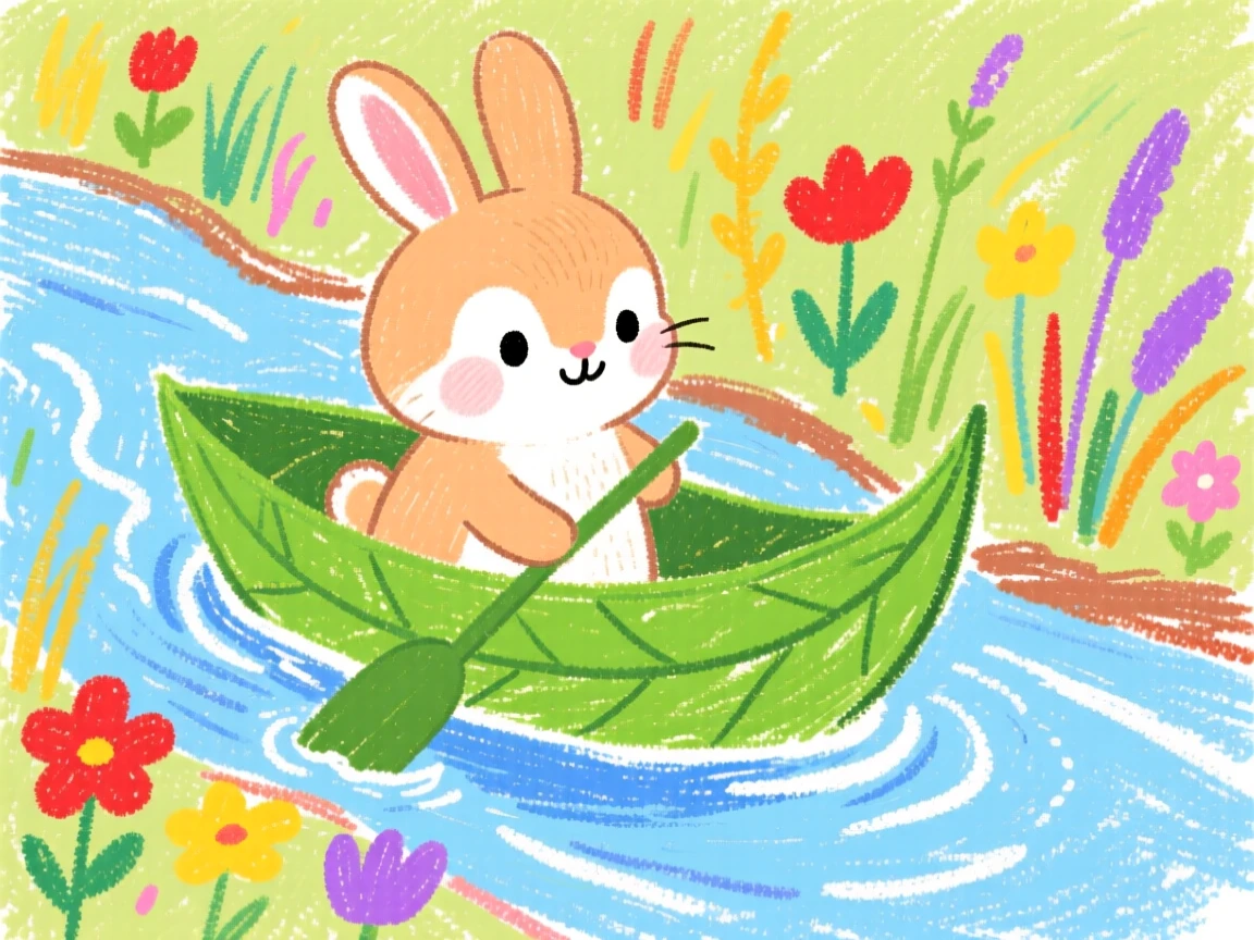 A shy rabbit riding a leaf boat down a garden stream.