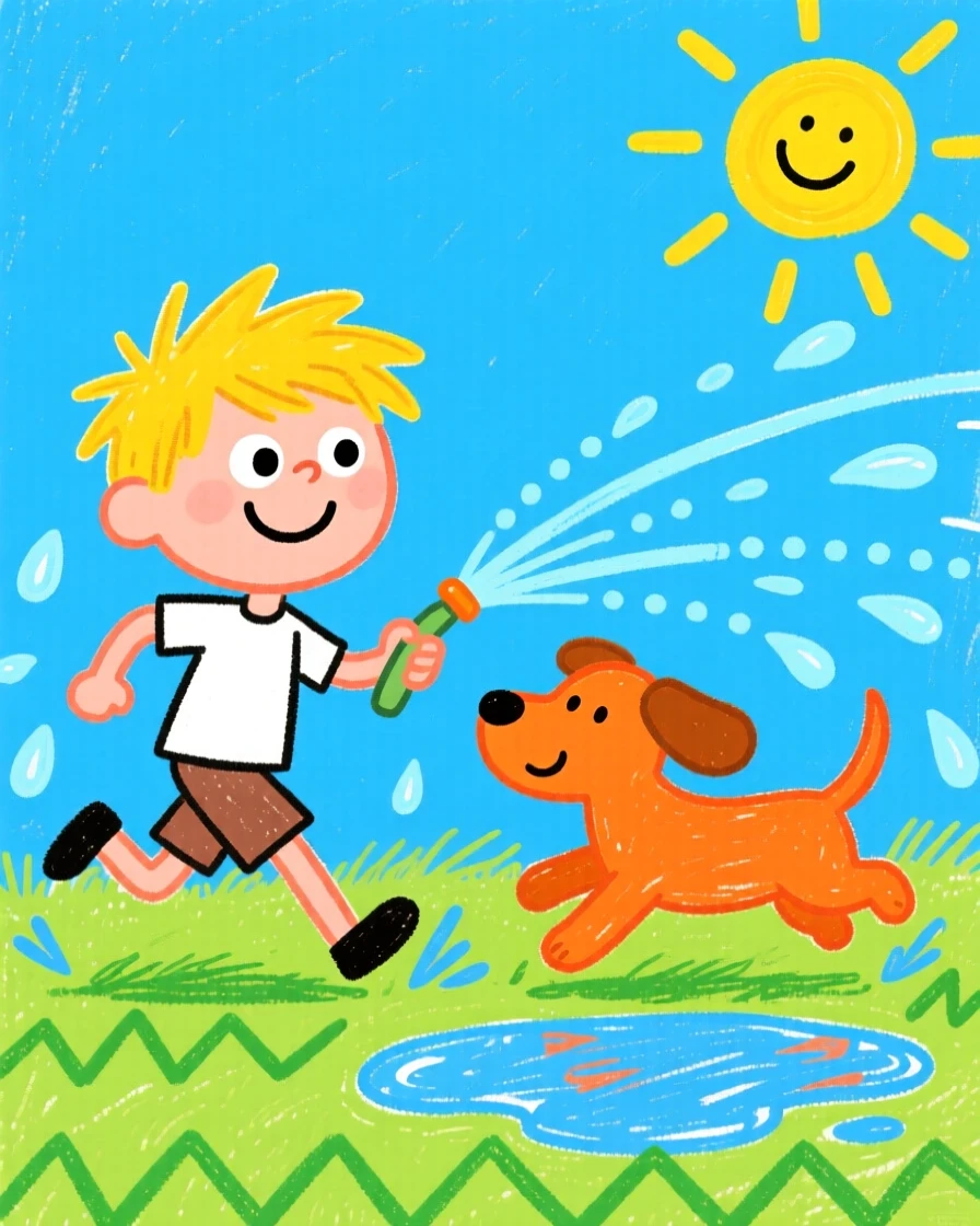 A boy and his dog running through a sprinkler on a hot summer day.