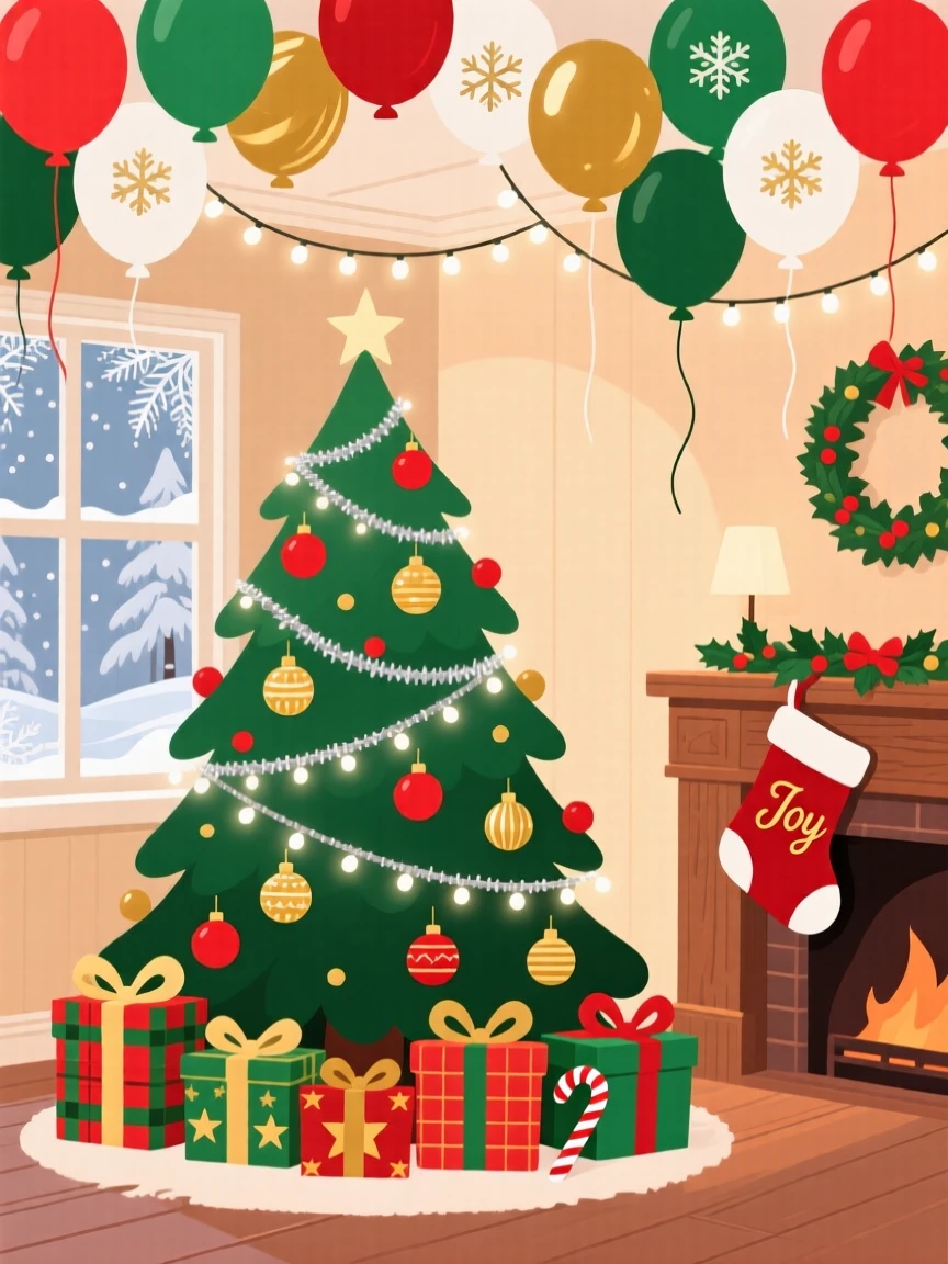 A Christmas morning scene with wrapped presents under a tree, set beneath a canopy of festive balloons, framed to capture the festive atmosphere in full detail, with a joyful sense of togetherness and celebration.