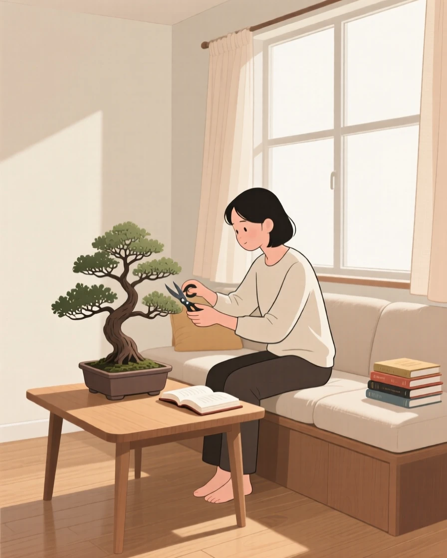 A person tending a bonsai tree in a cozy reading nook.