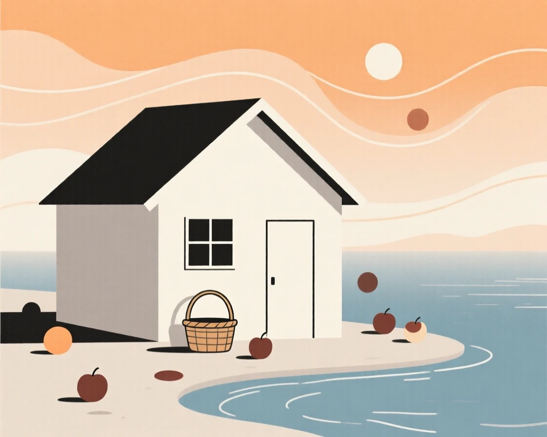 A lakeside cabin, transformed by summer heat haze, with a basket of apples scattered throughout, captures cozy anticipation.
