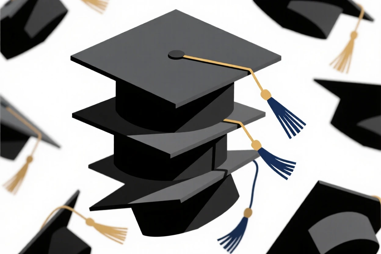 A stack of graduation caps thrown in the air