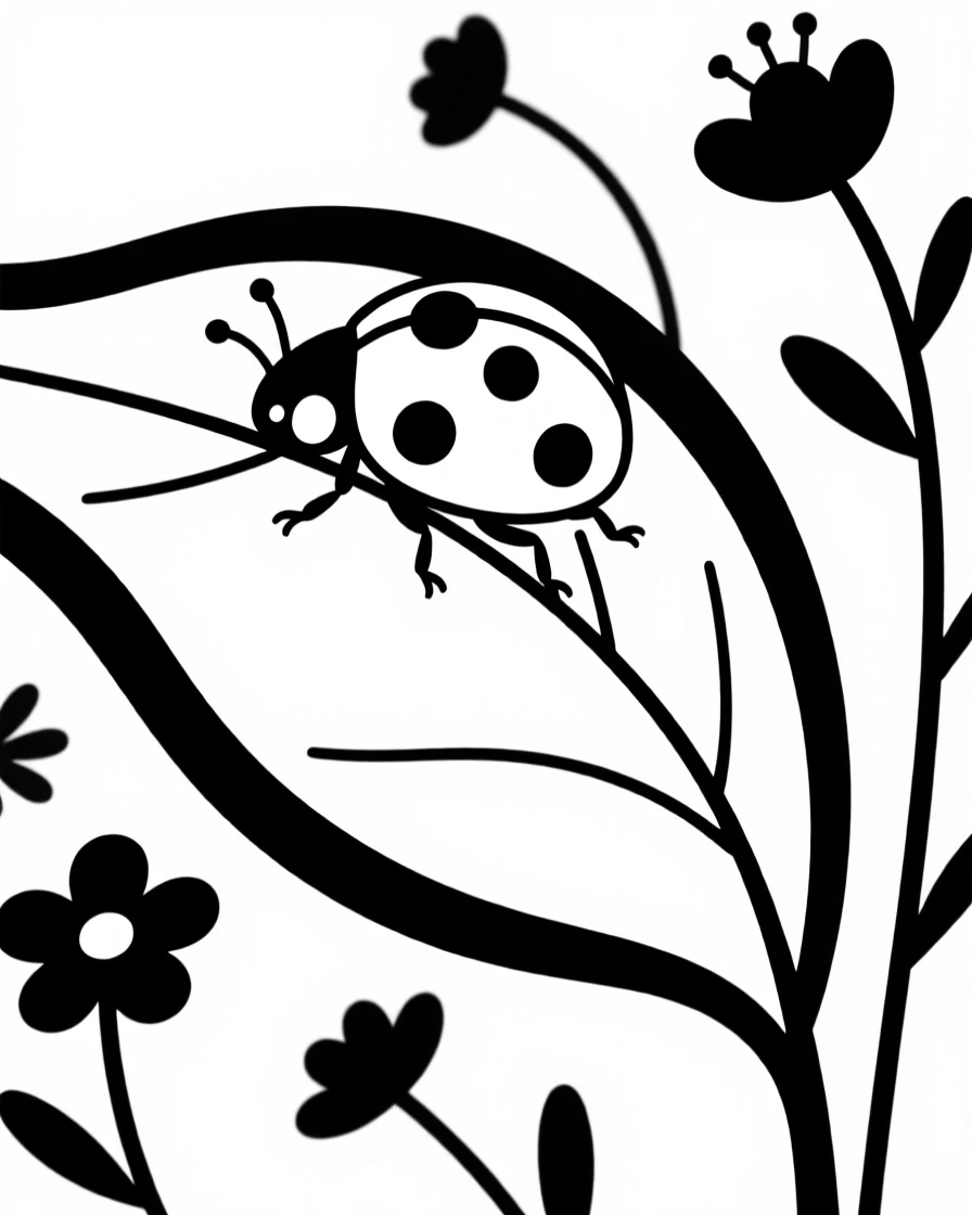 A ladybug crawling on a leaf in a wildflower field.