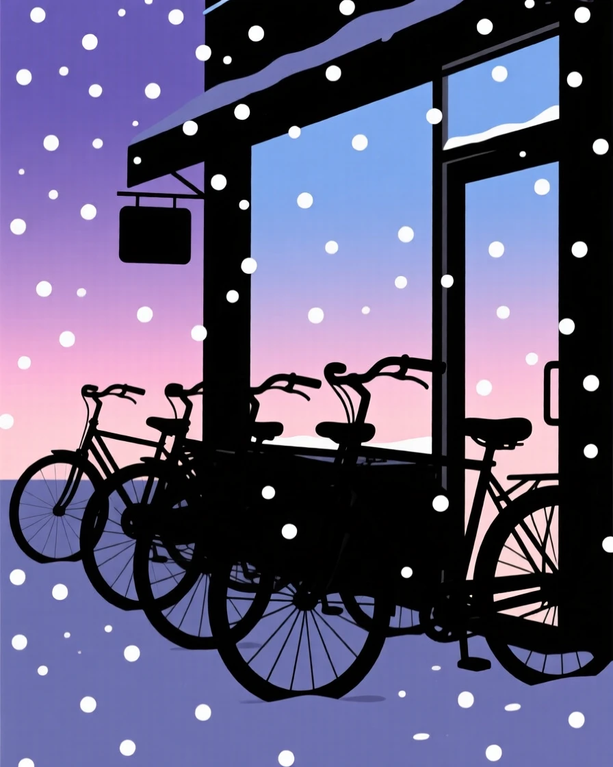 A quiet snowfall blanketing a row of parked bicycles outside a cafe.