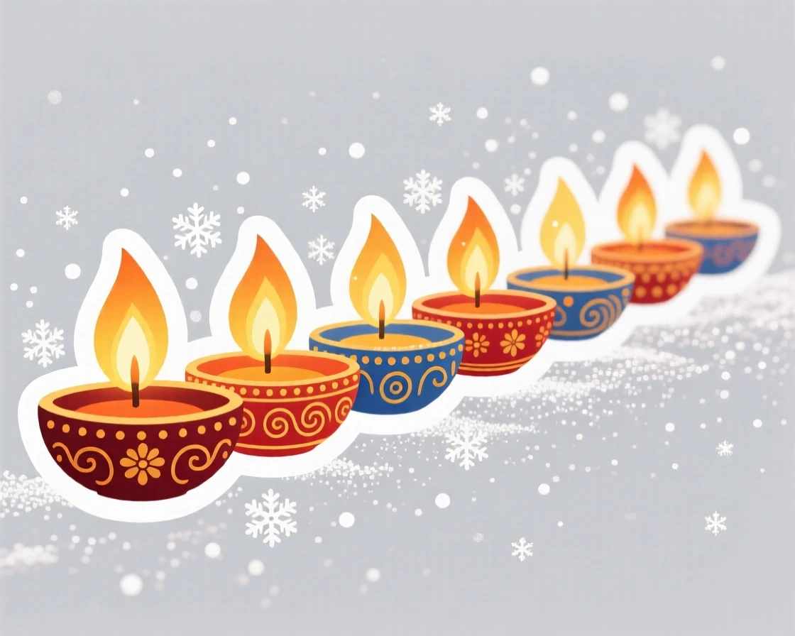 A cheerfully decorated Diwali oil lamps arranged in a glowing row, with a light dusting of glittering snow, during a beloved yearly tradition.