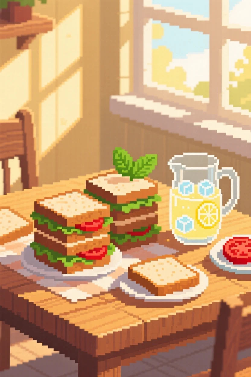 A picnic spread of sandwiches and lemonade decorated with a sprig of mint, in a sunlit breakfast nook.