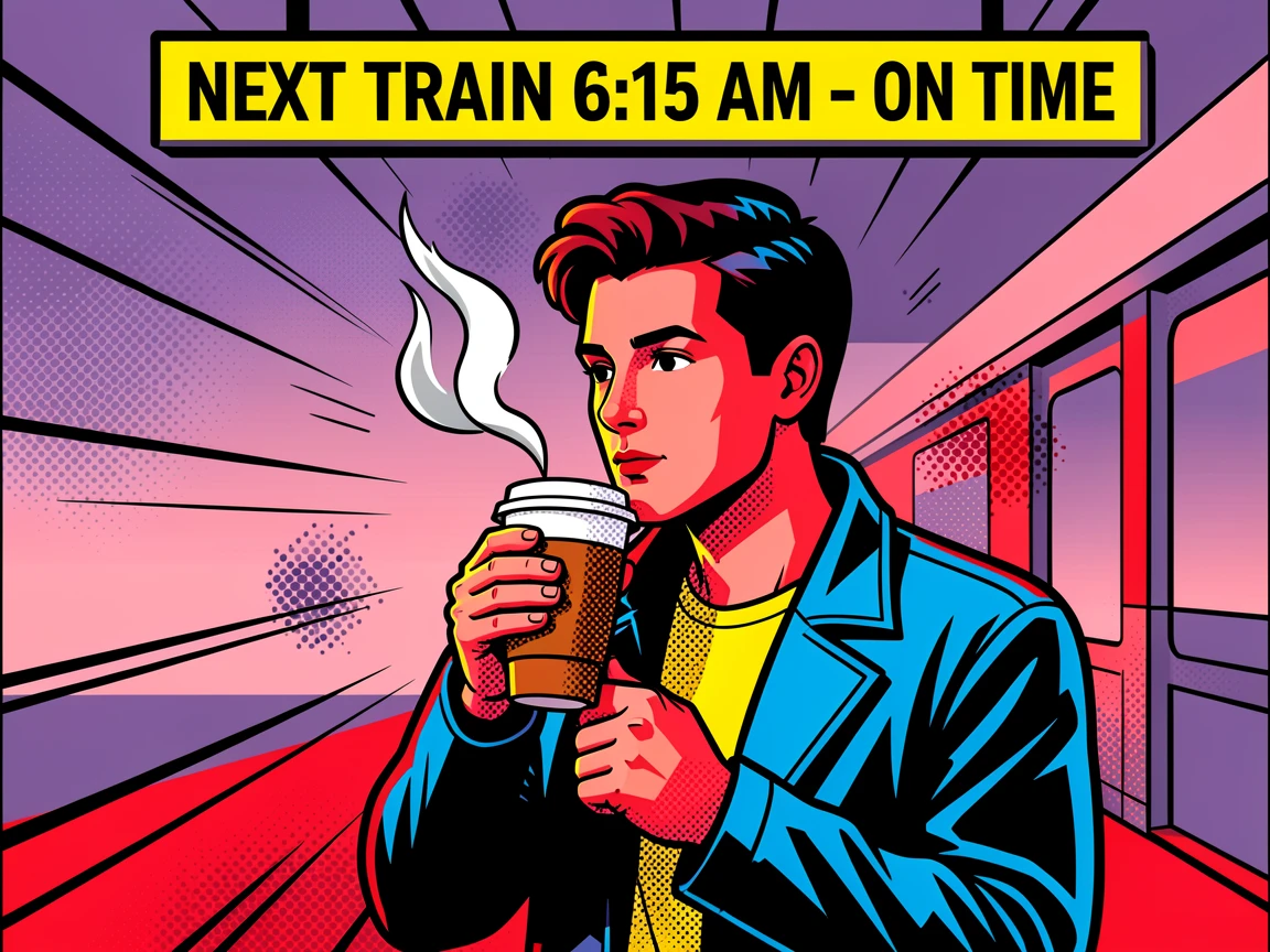 A commuter sipping coffee while waiting for a train at dawn