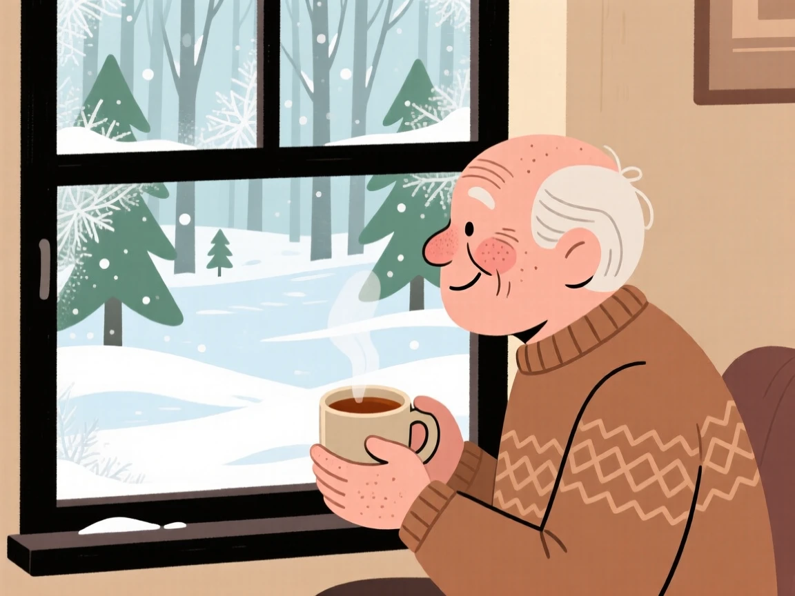 Snow blankets a forest clearing while a elderly man watches from a frosted window, a mug of warm tea warming their hands.