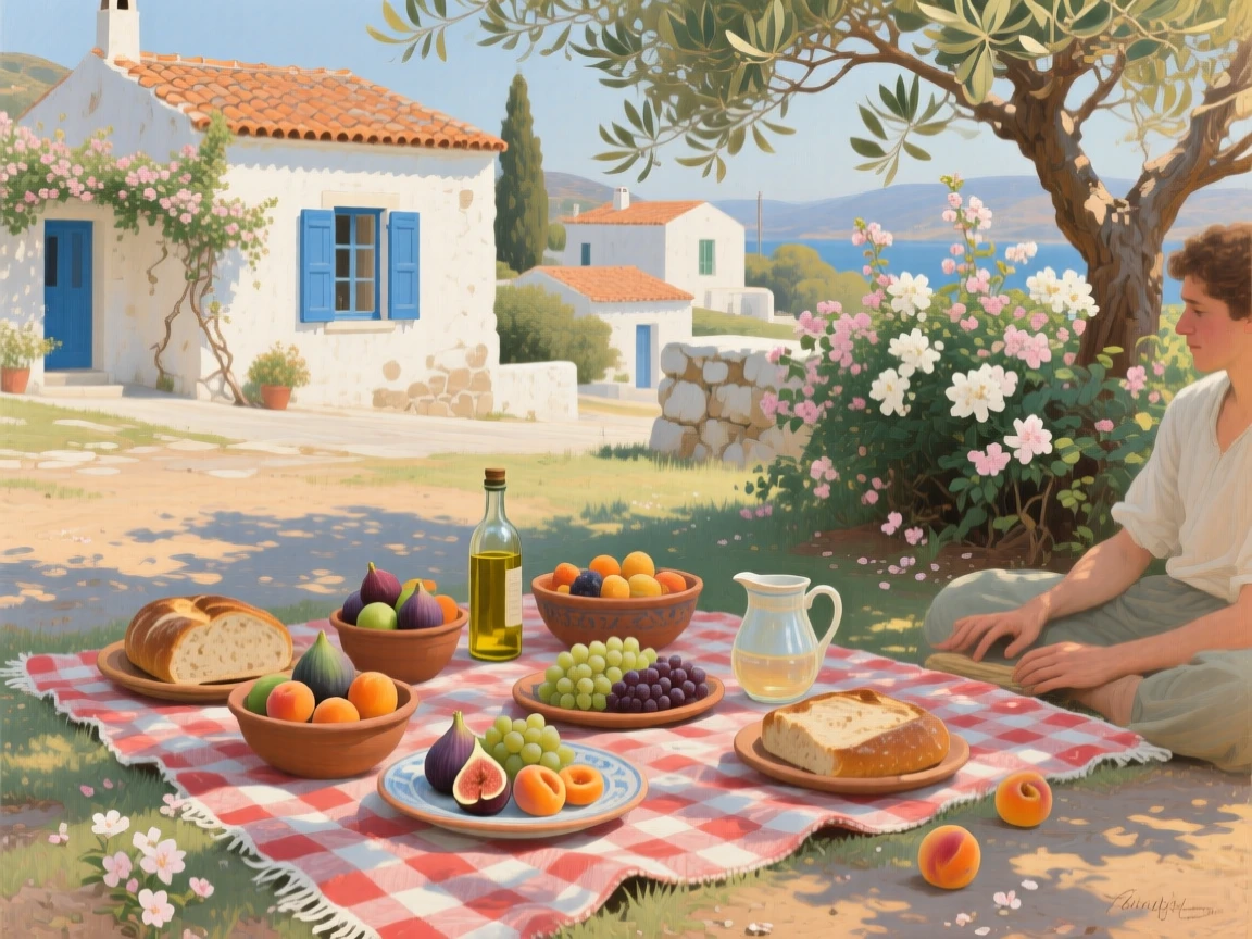 A medium shot of a summer picnic spread across a checkered blanket in dappled shade, in a Greek island village, as spring blossoms open.