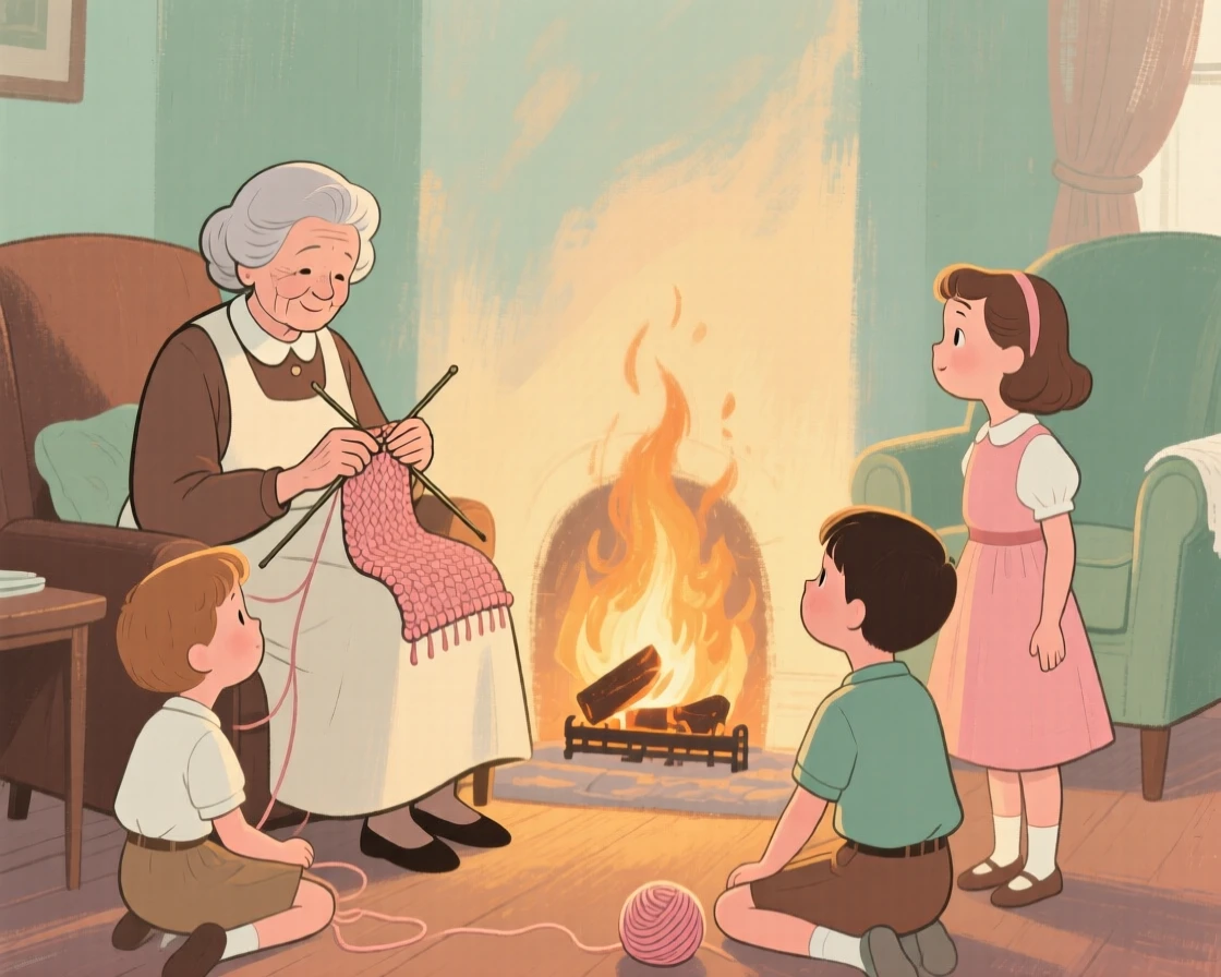 A grandmother knitting by the fireside with her grandchildren nearby