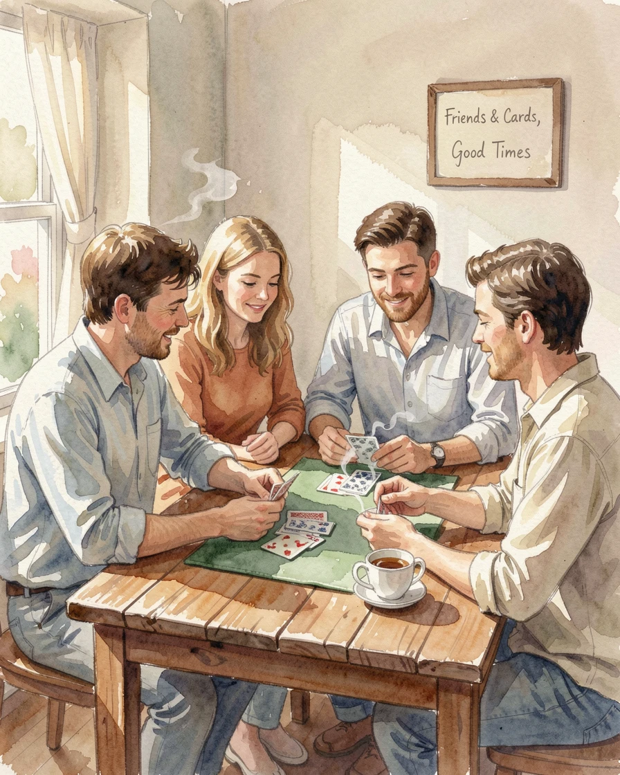 A group of friends playing cards around a table in a relaxed, unhurried setting.