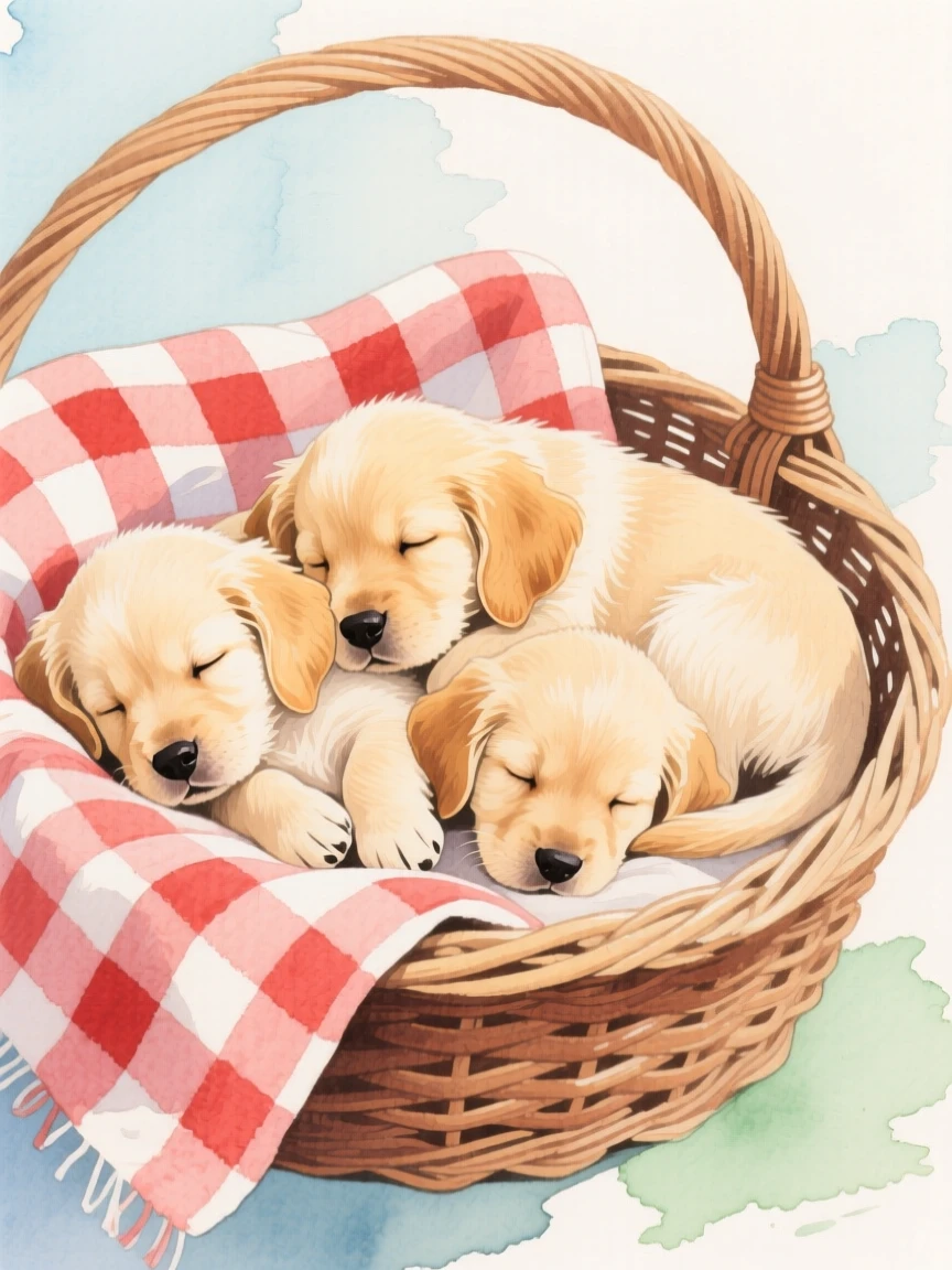 A litter of golden puppies piles together asleep inside a wicker basket lined with a checkered blanket