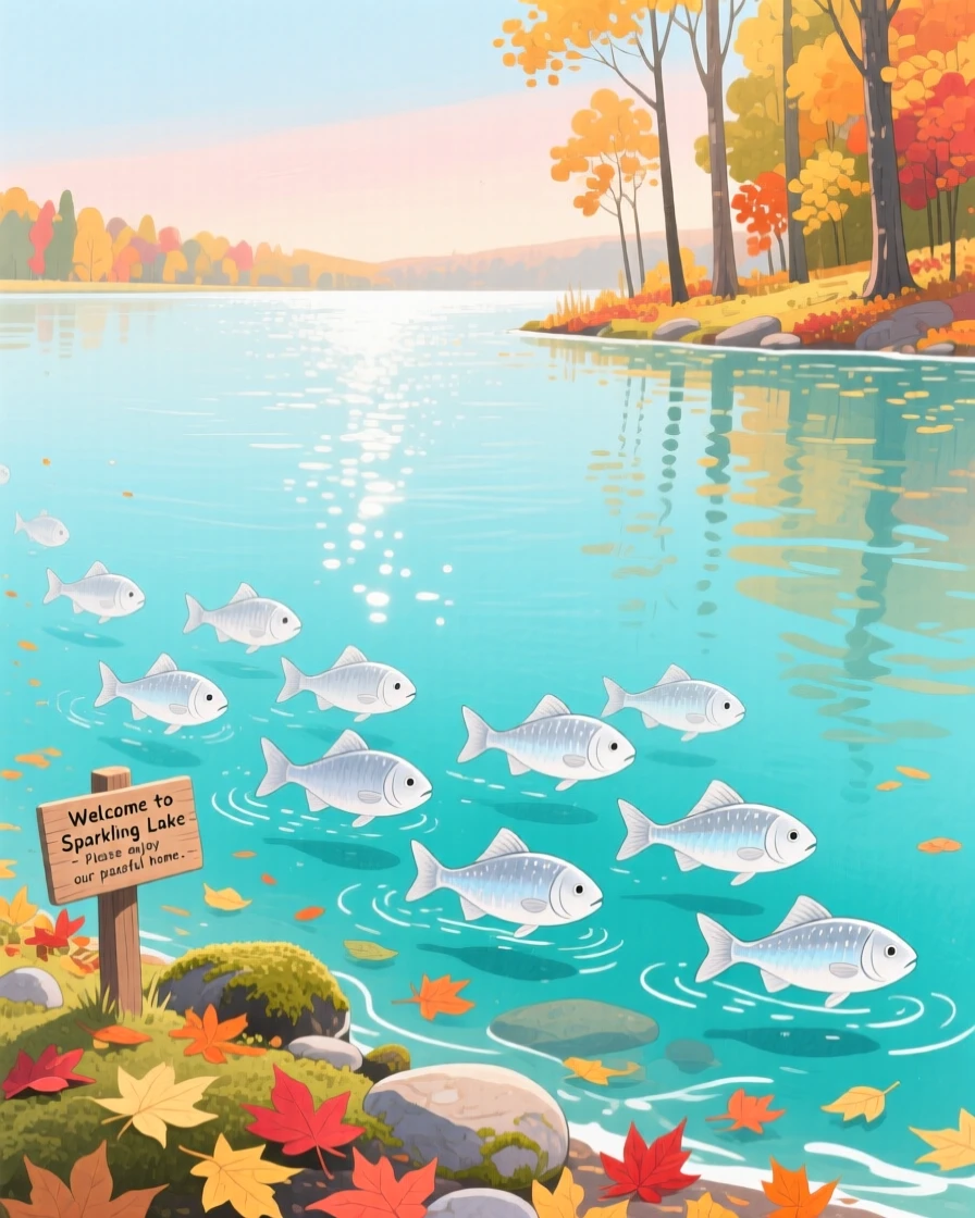 A school of silver fish exploring the edge of a sparkling lake on a crisp autumn afternoon.
