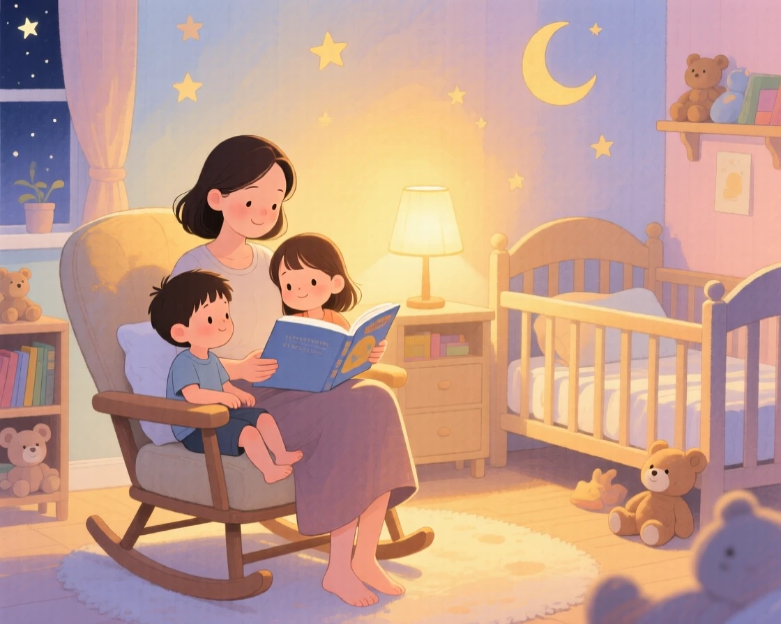 A mother reading a bedtime story to her two children, in a nursery glowing with a soft nightlight, with warm golden hour lighting, tender maternal love and comfort.