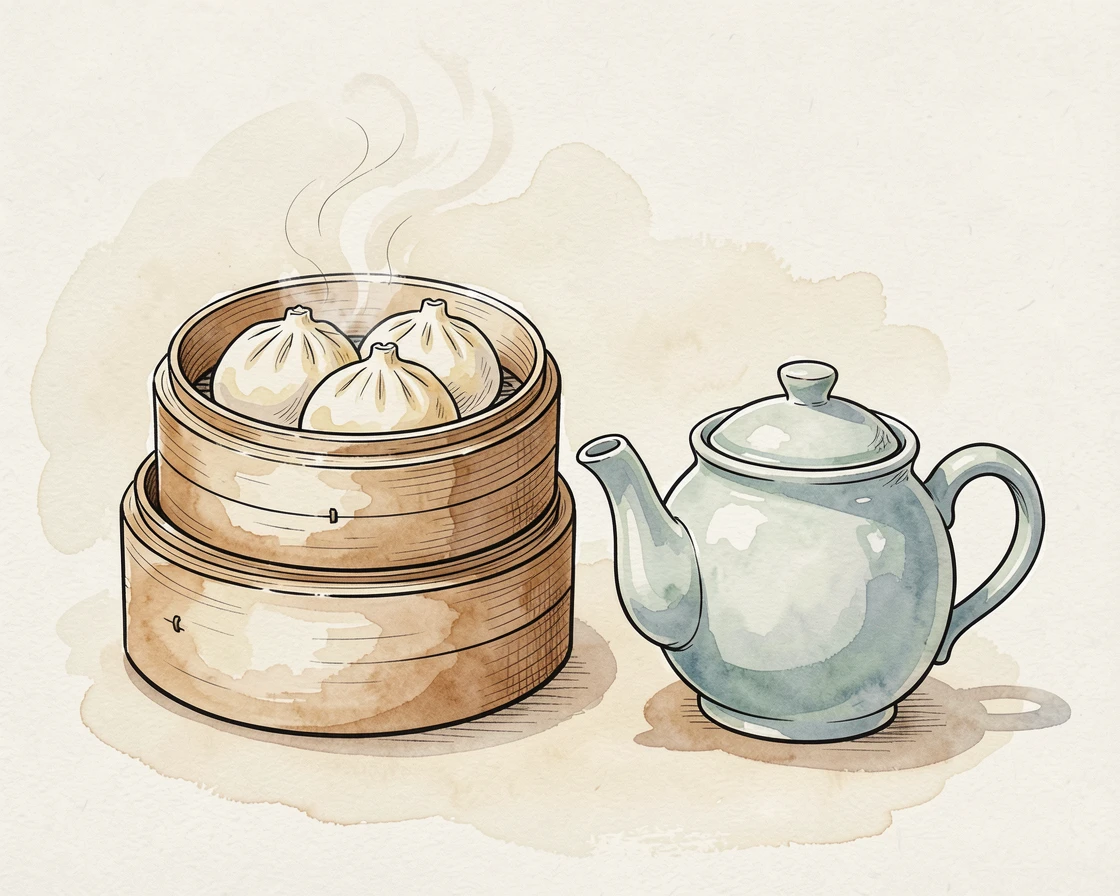 A stack of fluffy dim sum baskets steaming beside a pot of tea, a cozy, homemade atmosphere filling the scene.