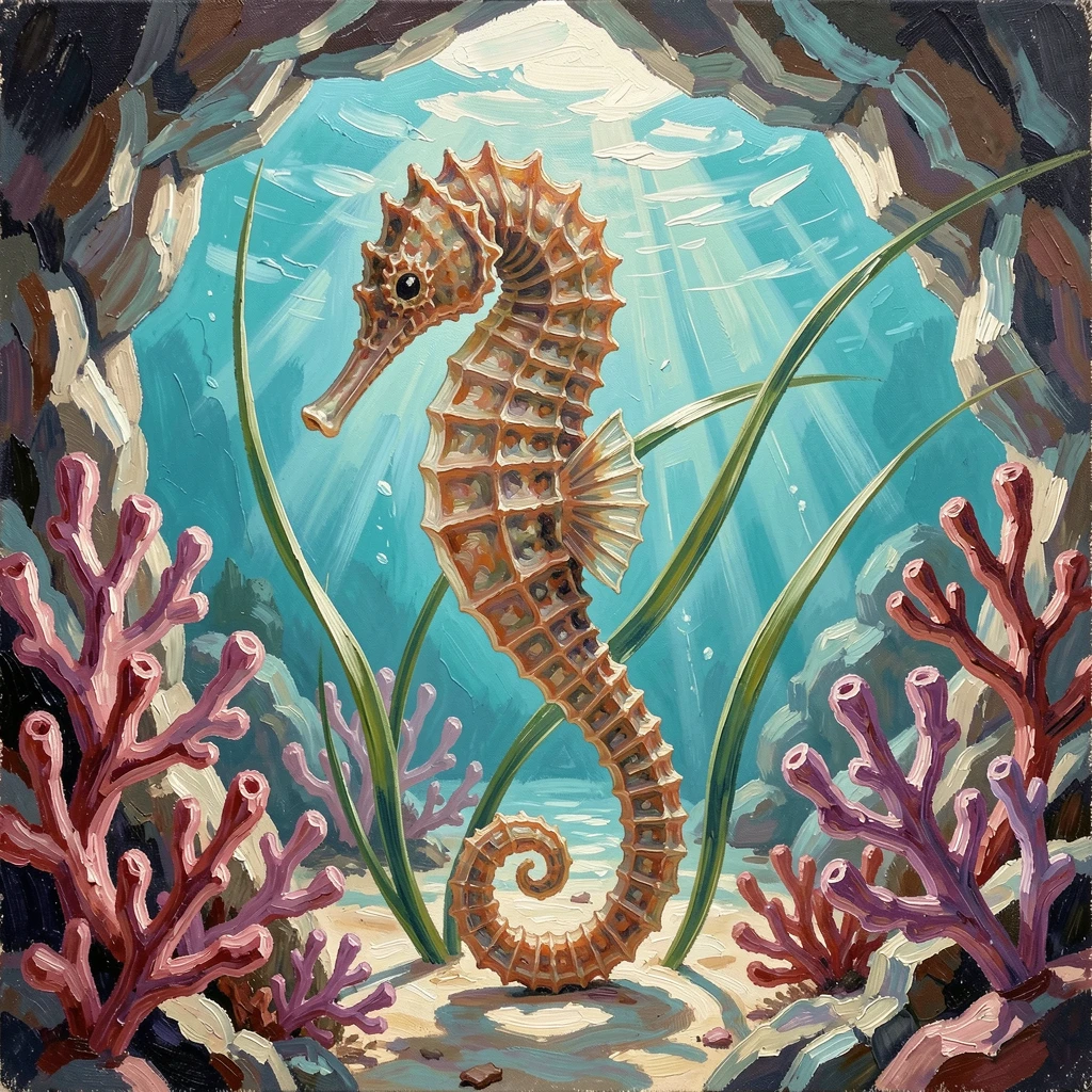 A seahorse curled around a strand of sea grass, it weaving gracefully between coral formations, within a sunlit underwater cave, in crystal-clear turquoise water beneath a midday sun.