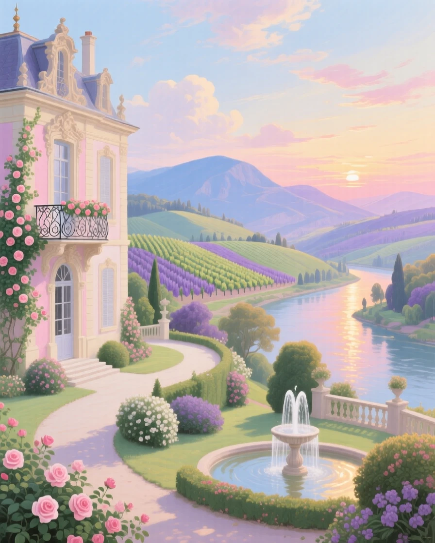 A hilltop estate overlooking vineyards, rivers, and distant mountains  