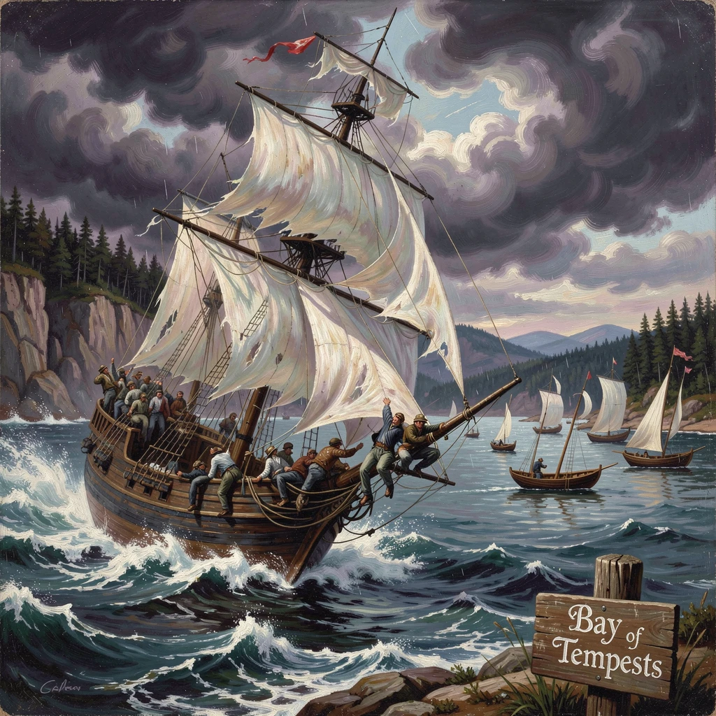 A ghostly ship races against a storm toward a wide bay dotted with smaller boats as sailors climb the rigging.