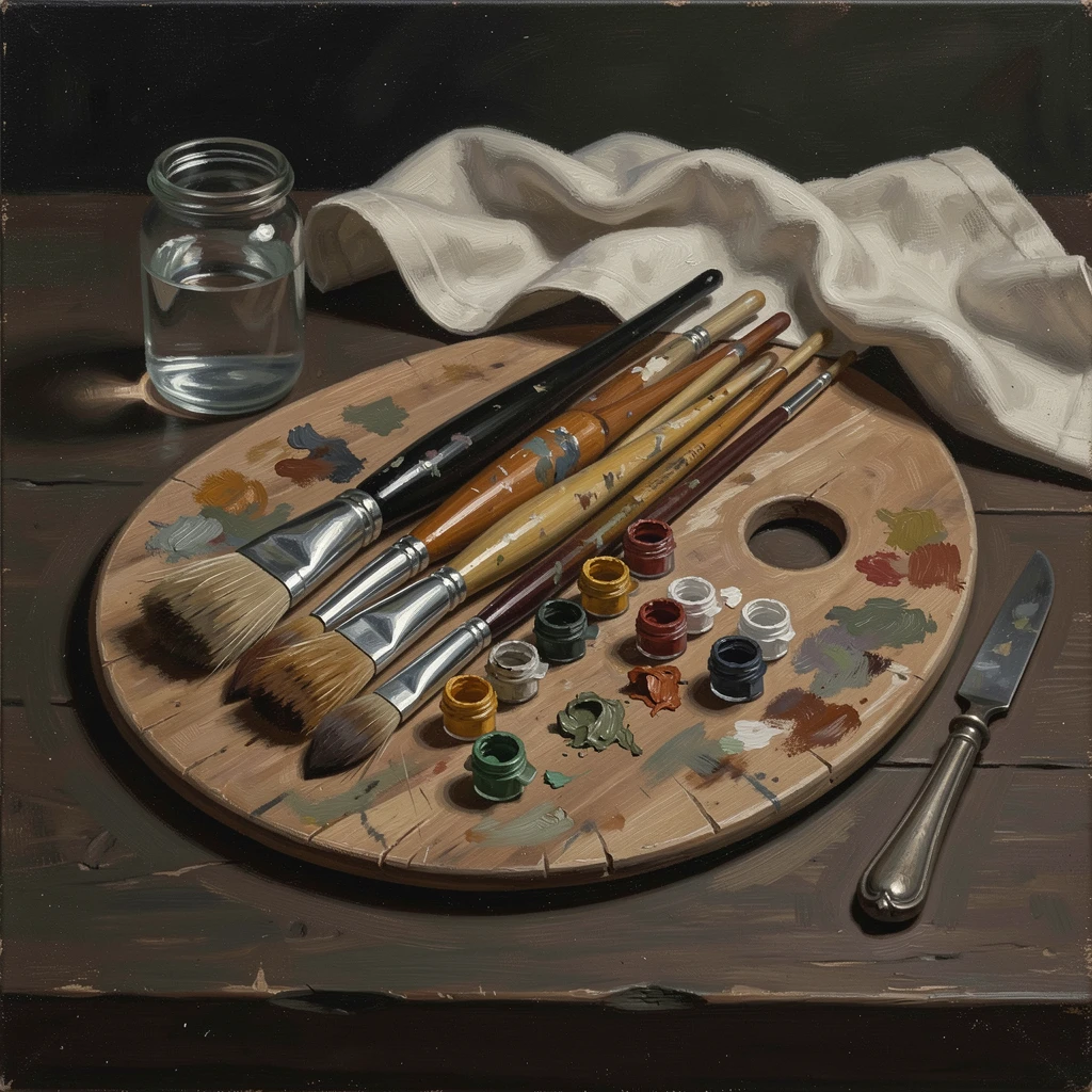 A collection of fine art brushes and paints arranged on a wooden palette, surrounded by tasteful, understated decorative details, designed as a sophisticated piece for upscale interior decor