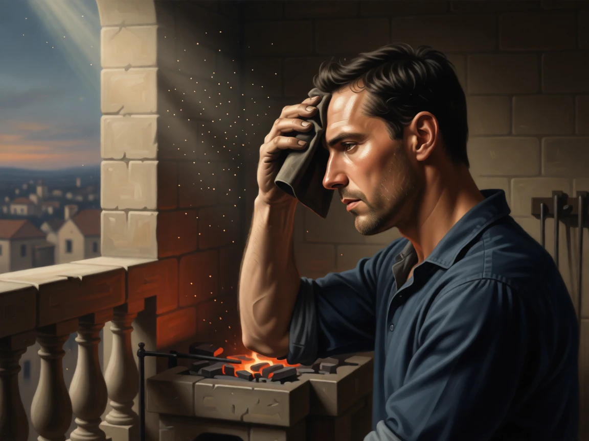 A blacksmith wiping soot from his brow beside a glowing forge captured in a quiet, introspective moment, set on a stone balcony overlooking a quiet town at dusk, with dust motes drifting visibly in a beam of window light; a tight three-quarter portrait draws focus entirely to the expression, capturing grace under the weight of everyday devotion.