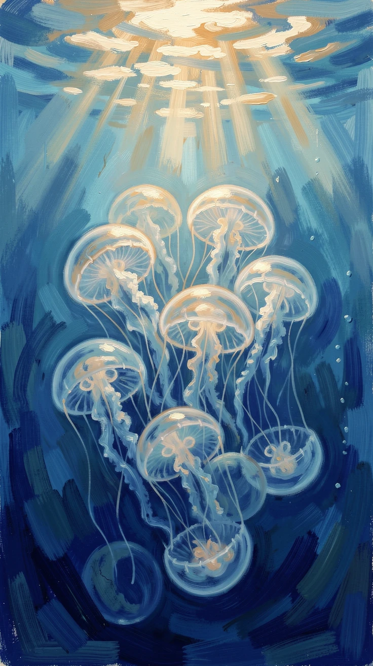 A cluster of jellyfish drifting gracefully through deep blue water lit by shafts of sunlight, in early spring, radiating joy and gentle celebration.