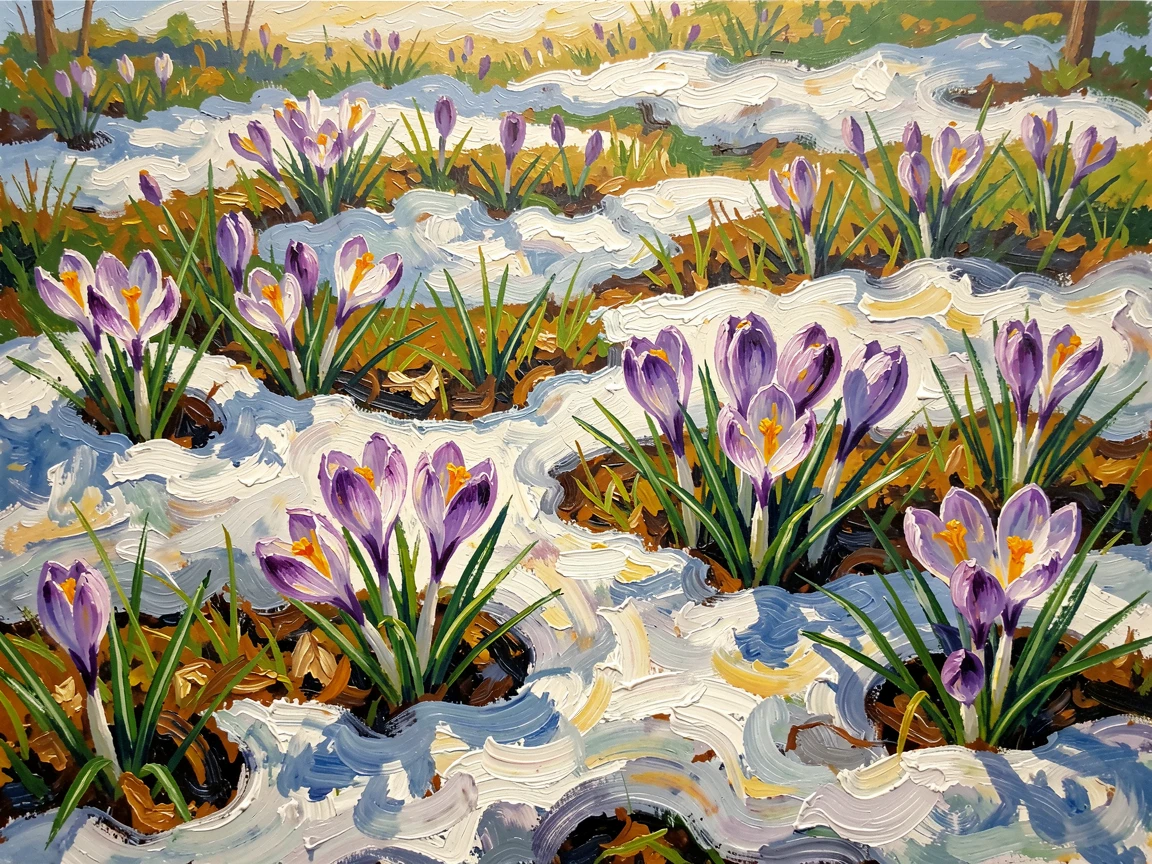 A spring meadow scattered with crocuses pushing through the last patches of snow.