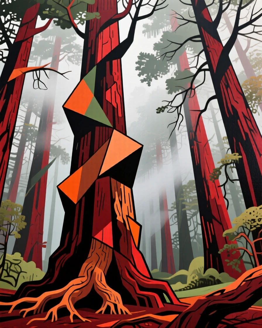 A dense redwood forest with ancient trees towering into a foggy canopy.