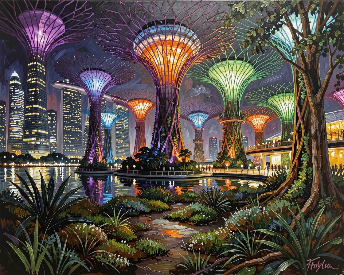 A dramatic view of Singapore's Marina Bay shows the iconic Supertree Grove illuminated in shifting colors against the glowing city skyline, patches of moss and undergrowth adding a sense of quiet detail underfoot.