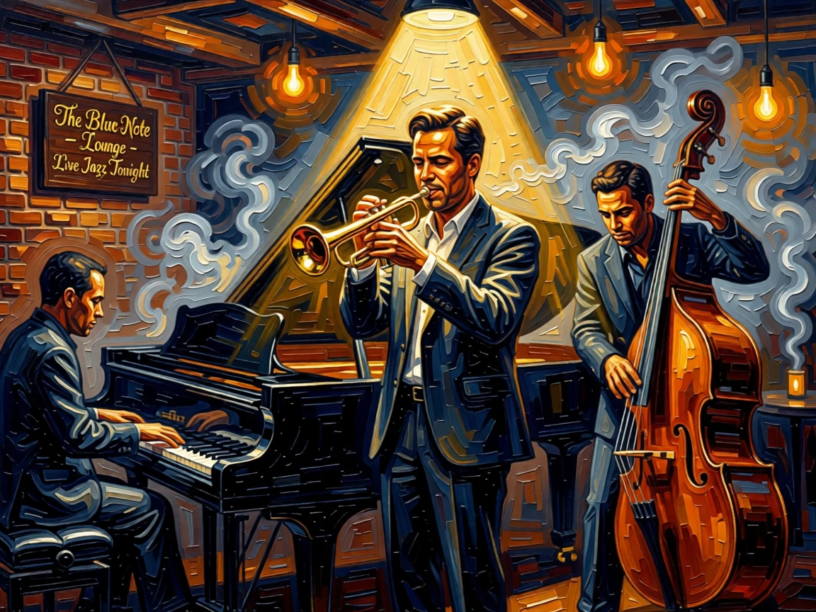 A jazz trio playing in a dim smoky basement club, trumpet catching the spotlight
